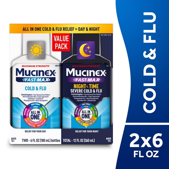 Mucinex Fast-Max Cold & Flu & Nightshift Severe Cold & Flu Medicine, OTC Cough Relief, 2x6 fl oz
