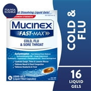 Mucinex Fast-Max Cold, Flu, & Sore Throat Relief Medicine, OTC Cough Suppressant, 16 Liquid Gels