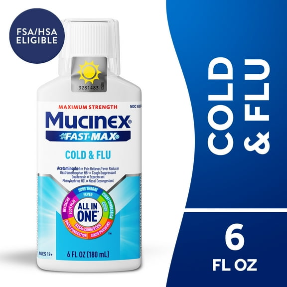 Mucinex Fast-Max Cold and Flu Medicine, Chest Congestion, Cough, Sore Throat, Nasal Decongestant, 6 fl oz