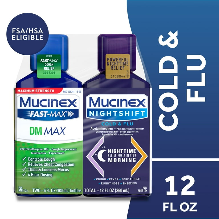 Maximum Strength Mucinex FastMax DM Max & Mucinex Nightshift Cold & Flu  Liquid (2 x 6 fl. oz.) Thins & Loosens Mucus, Relieves Cough & Chest  Congestion, Pain, Fever, Sneezing, Sore Throat