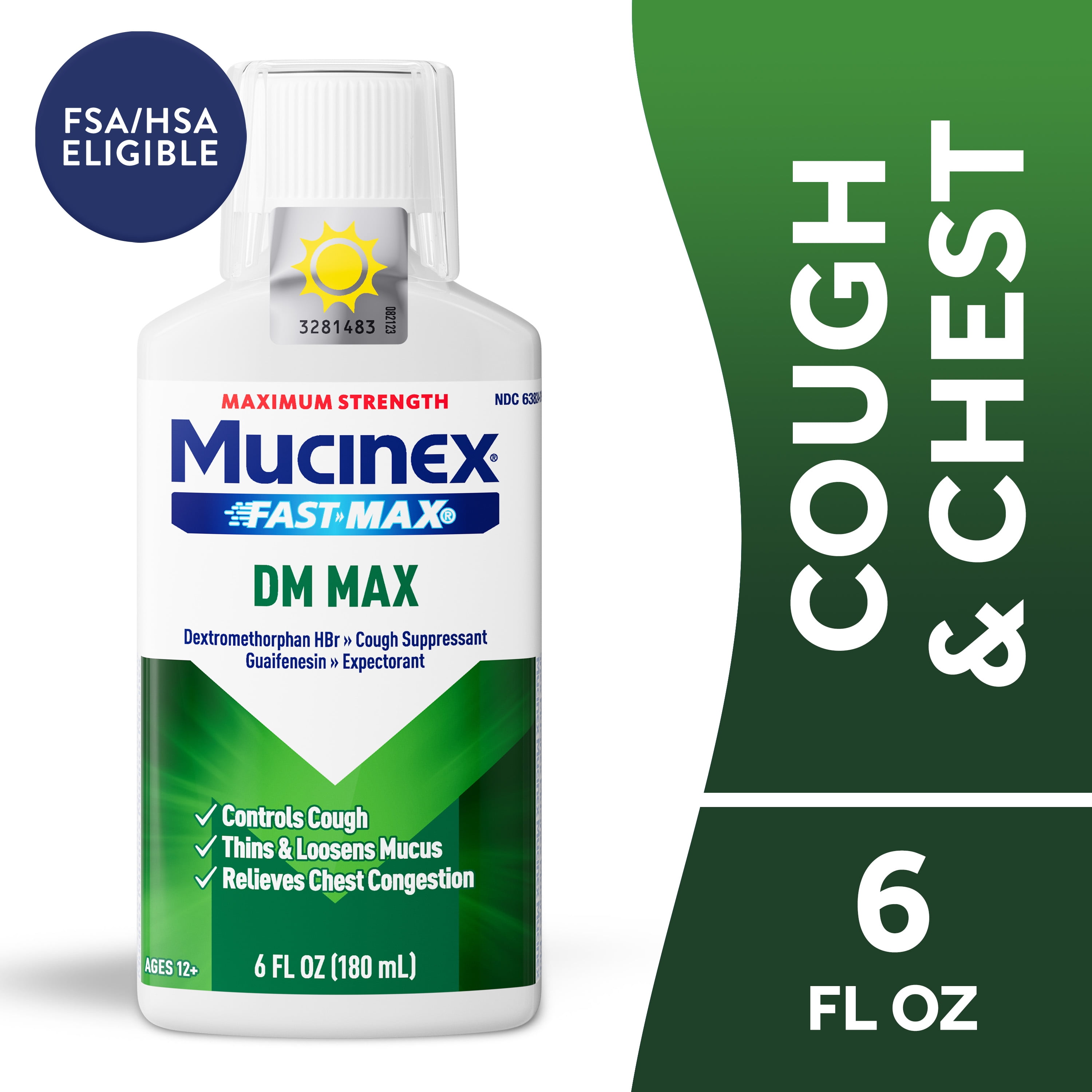 Mucinex Fast-Max DM Max Strength Expectorant & Cough Medicine, Excess Mucus Relief, FSA/HSA, 6 fl oz