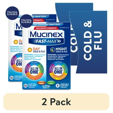 (2 pack) Mucinex Fast-Max Day Cold & Flu & Night Cold & Flu Medicine, OTC Cough Relief, 24 Liquid Gels