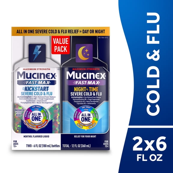 Mucinex Fast-Max Kickstart Severe Cold & Flu & Nighttime Severe Cold & Flu Liquid Medicine, 2x6 fl oz