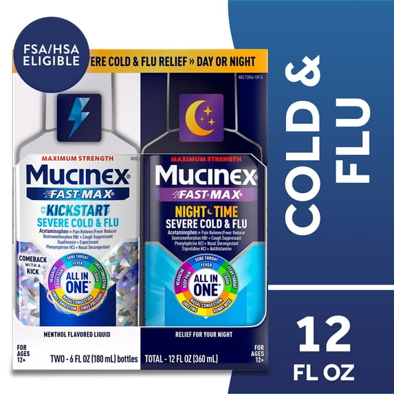 Mucinex Fast-Max Kickstart Severe Cold & Flu & Nighttime Severe Cold & Flu Liquid Medicine, 2x6 fl oz