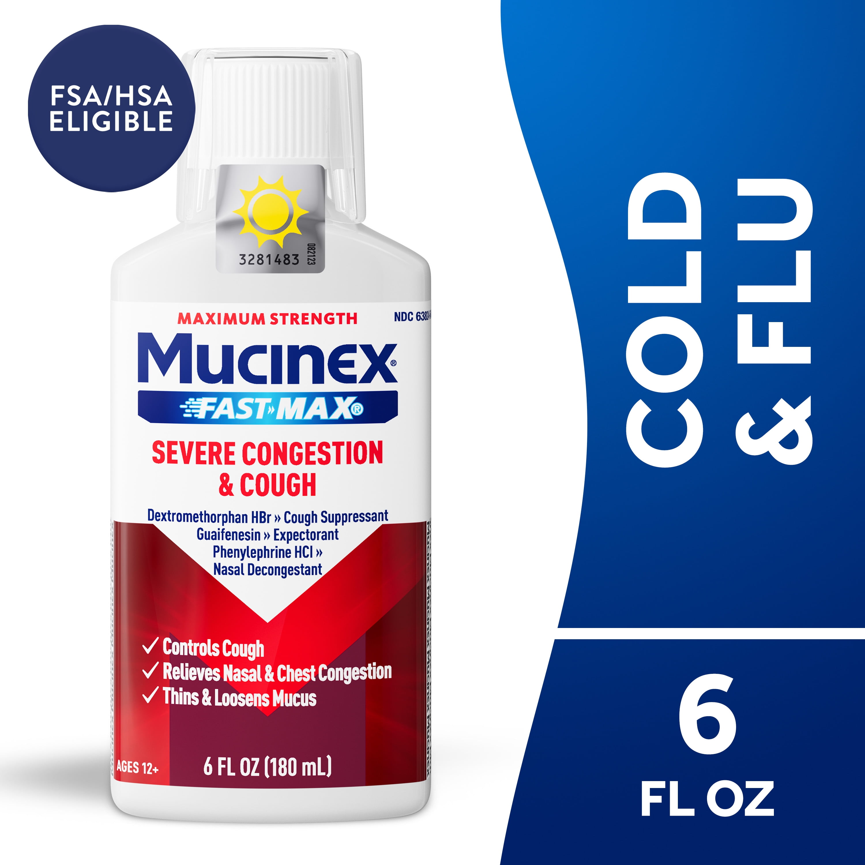 Mucinex Fast-Max Severe Congestion & Cough Medicine, OTC Sinus/Nasal Decongestant, Expectorant, 6 fl oz