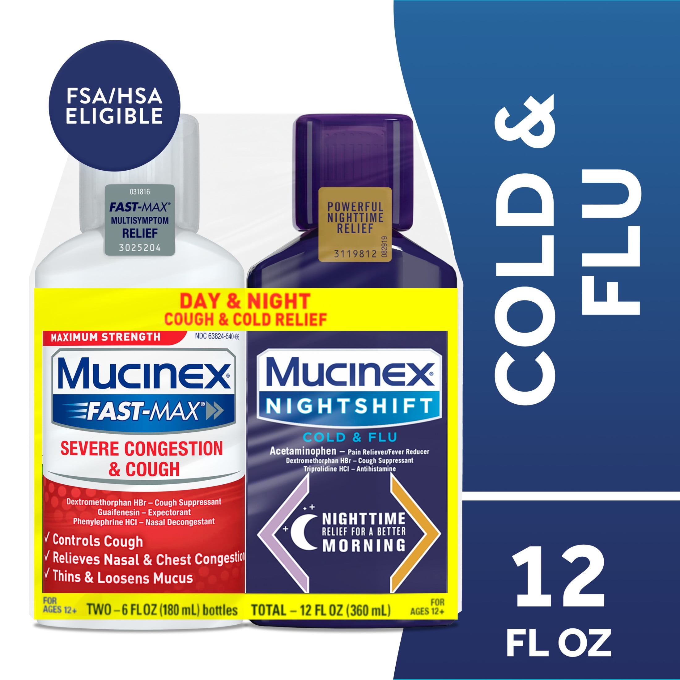 Mucinex Fast-Max & NightShift Combo Pack, Cough and Cold Medicines For Mucus Relief, 6 fl oz, 2 Pack