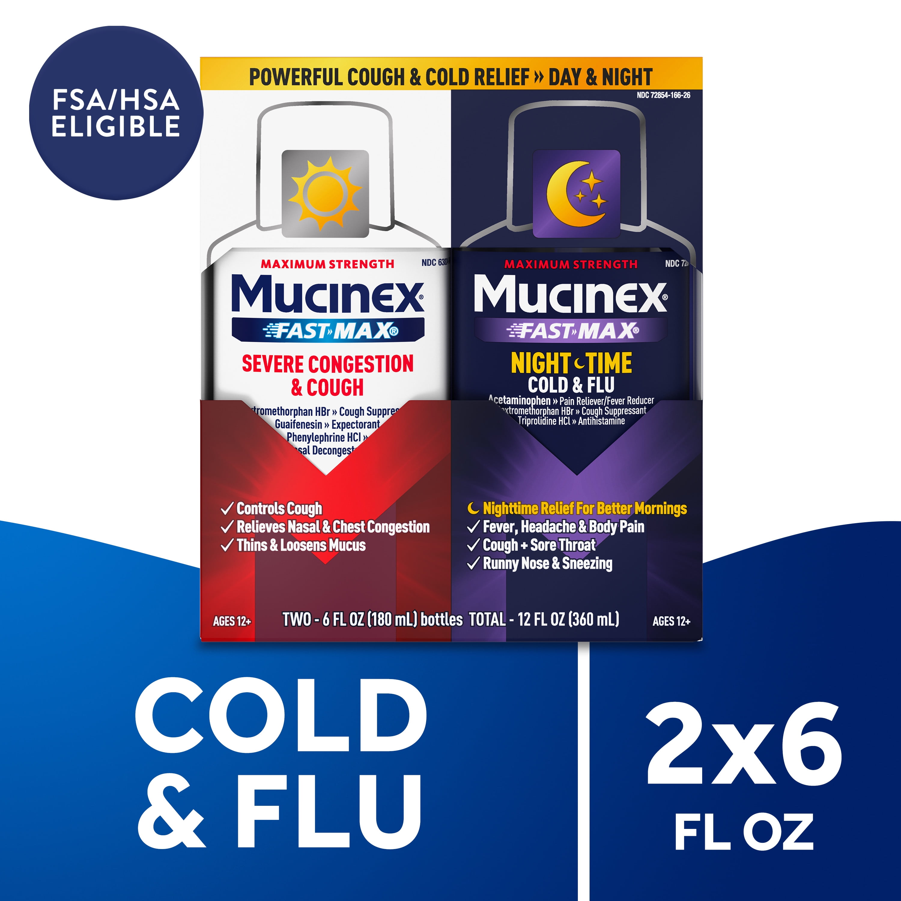 Mucinex Fast-Max & NightShift Combo Pack, Cough and Cold Medicines For Mucus Relief, 6 fl oz, 2 Pack
