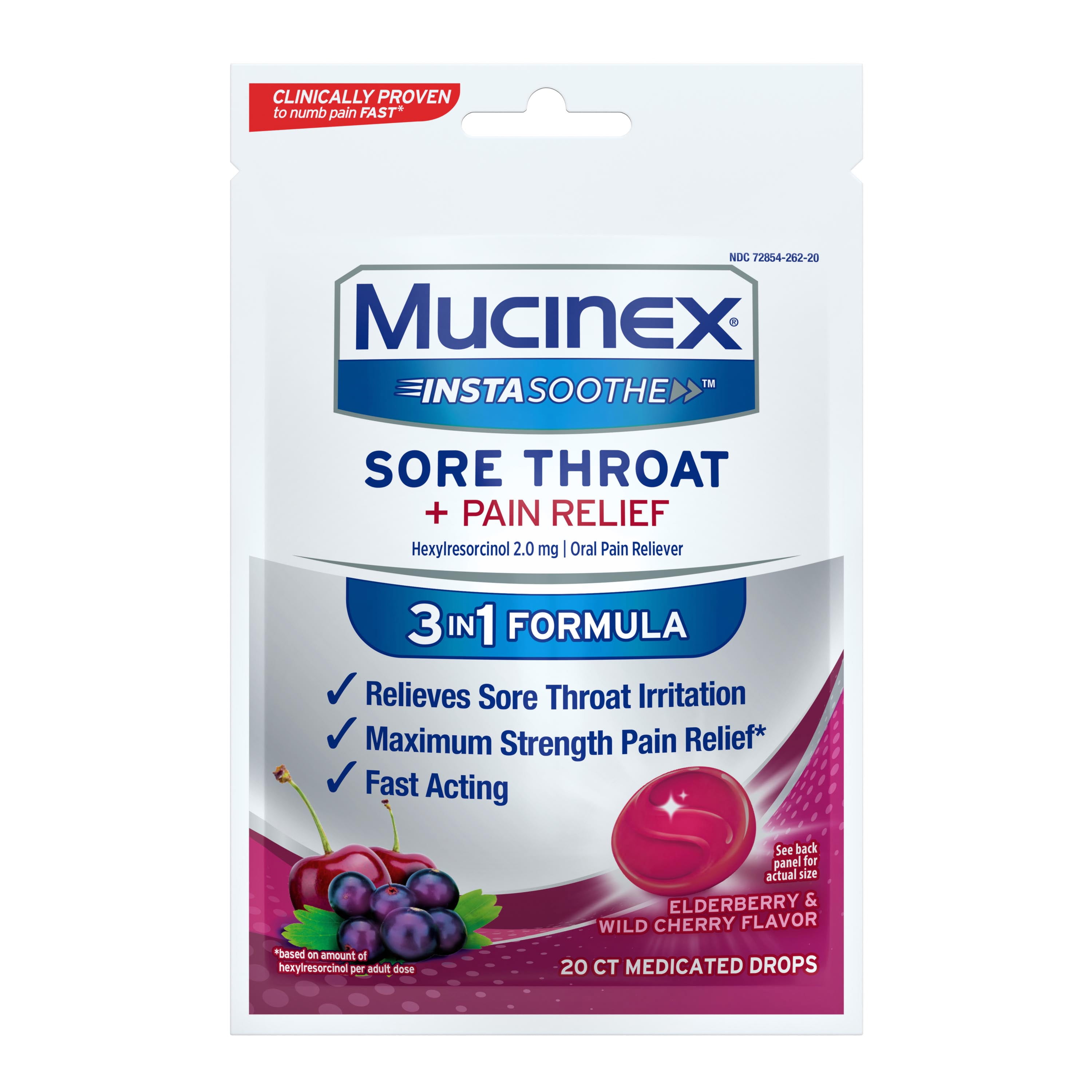 Mucinex InstaSoothe Sore Throat + Pain Relief Elderberry & Wild Cherry Flavor, Fast Acting, Powerful Sore Throat Oral Pain Reliever, 20 Medicated Drops