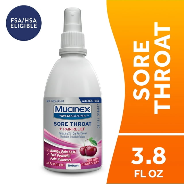 Mucinex® InstaSoothe Sore Throat + Pain Relief Sore Throat Spray. Powerful sore throat relief with soothing cherry flavor.