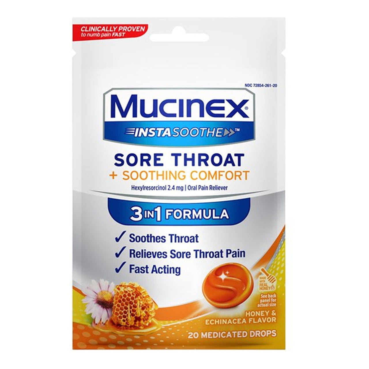 Mucinex InstaSoothe Sore Throat + Soothing Comfort Honey & Echinacea Flavor, Fast Acting, Powerful Sore Throat Oral Pain Reliever, 20 Medicated Drops
