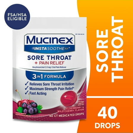 Mucinex Instasoothe Sore Throat Lozenges, Elderberry & Cherry Flavor, 40 Count, Medicated Throat Drops, FSA/HSA Eligible