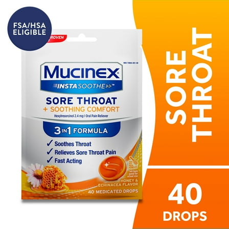 Mucinex Instasoothe Sore Throat Lozenges, Honey & Echinacea Flavor, FSA Eligible, 40 Count
