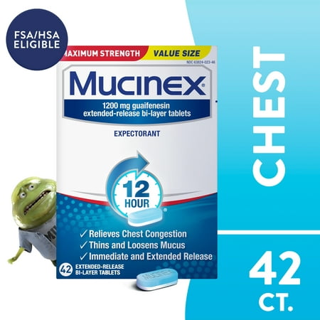 Mucinex Maximum Strength 12 Hour Chest Congestion Expectorant Relief Tablets, 1200 mg, 42 Count, Thins & Loosens Mucus
