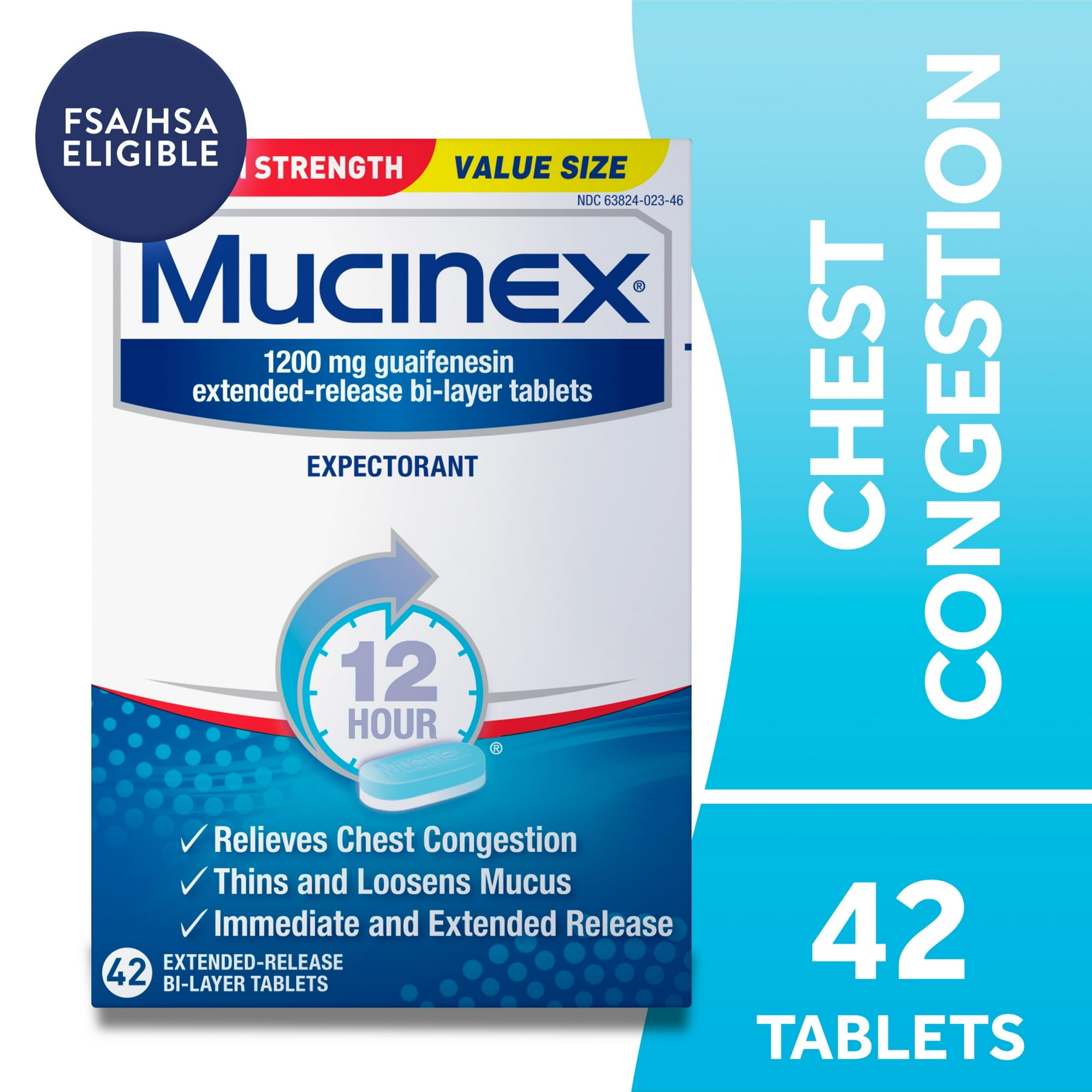 Mucinex Maximum Strength 12 Hour Extended Release Tablets for Chest Congestion, 1200 mg, 42 Count