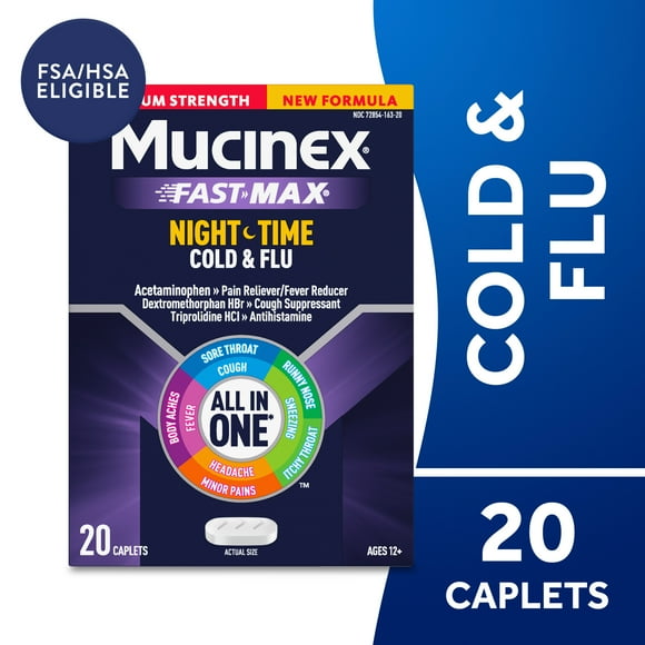 Mucinex Nightshift Cold and Flu Medicine, Fever Reducer, OTC Nighttime Cough Relief, 20 Caplets