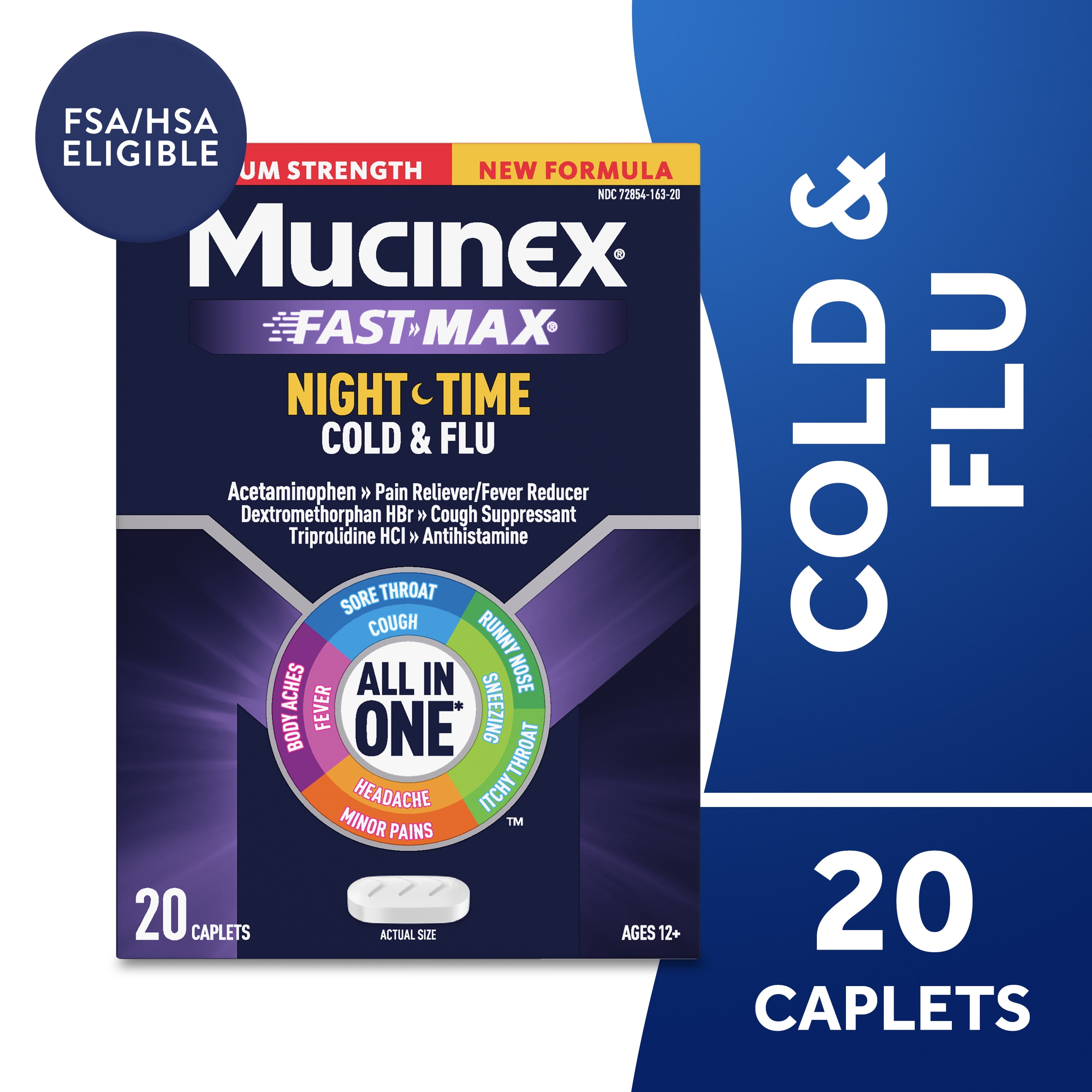 Mucinex Nightshift Cold and Flu Medicine, Fever Reducer, OTC Nighttime Cough Relief, 20 Caplets