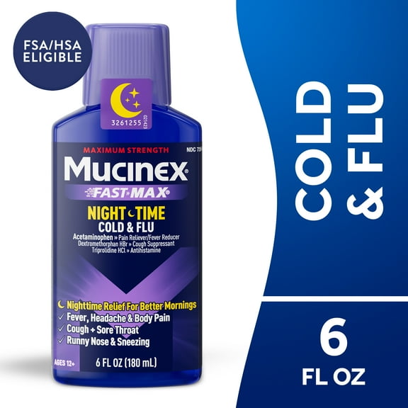 Mucinex Nightshift Cold and Flu Medicine, Fever Reducer, OTC Nighttime Cough Relief, 6 fl oz
