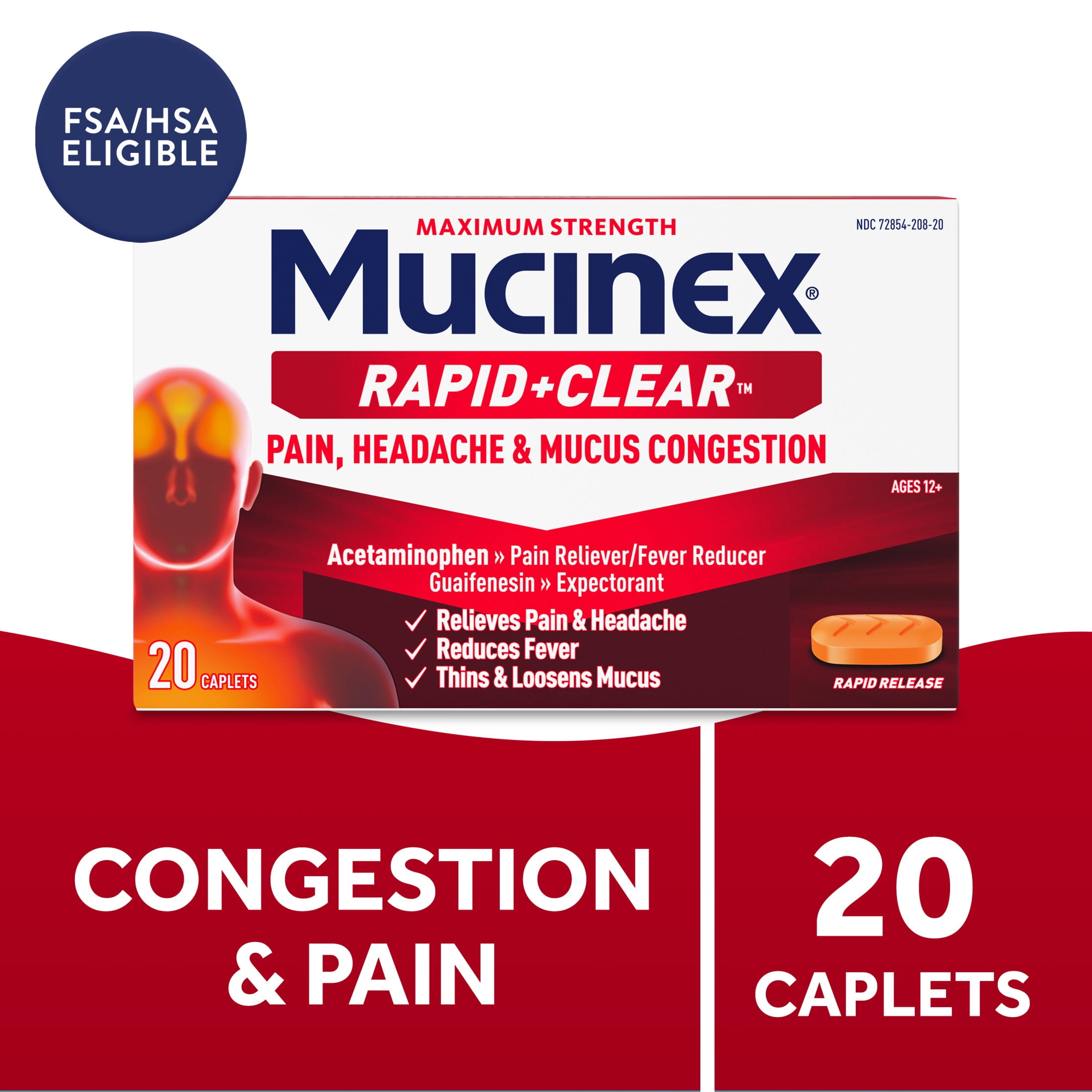 Mucinex Rapid+Clear Maximum Strength Cold Medicine & Expectorant, Fever, Pain, Headache, & Excess Mucus Relief with Acetaminophen & Guaifenesin, Rapid Release Caplets for Adults, 20 Count