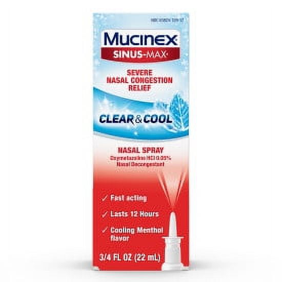 Mucinex Sinus Max Clear and Cool Nasal Decongestant Spray, Fast Acting Medicine that Lasts 12 Hours, Relieves Sinus Pressure and Nasal Congestion, Cooling Menthol, 0.75 Fl Oz (Pack of 1)