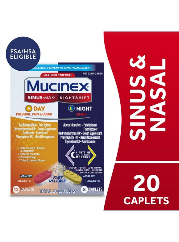 Mucinex Sinus-Max Day Pressure, Pain & Cough & Nightshift Sinus Medicine, OTC Symptom Relief, 20 Caplets