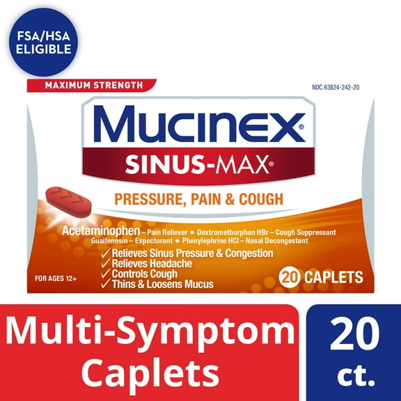 Mucinex Sinus Max Medicine, Pressure, Pain & Cough, 20 Caplets