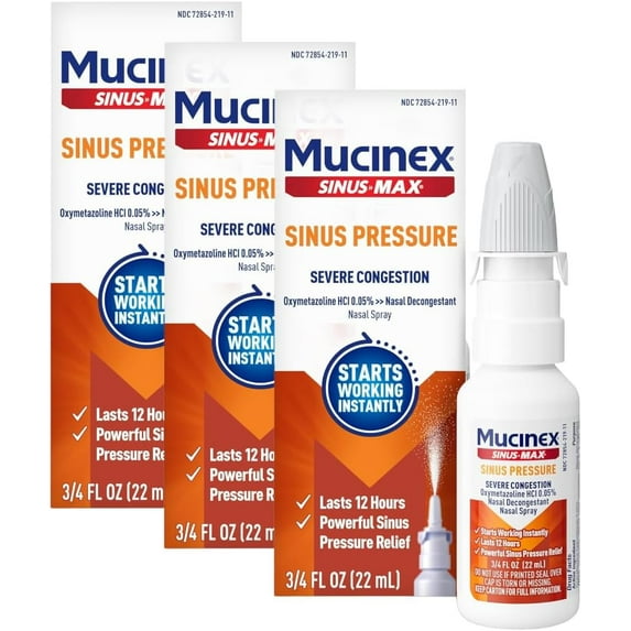 Mucinex Sinus-Max Nasal Spray for Sinus & Allergy, Fast-Acting & Fragrance Free, 12 Hour Severe Nasal Congestion Relief, 0.75 Fl Oz (Pack of 3)