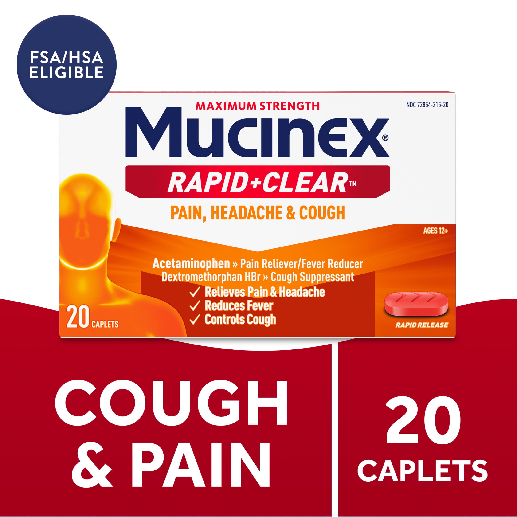Mucinex Rapid Clear Cold and Cough Relief Caplets, Maximum Strength with Acetaminophen and Dextromethorphan, 20 Count