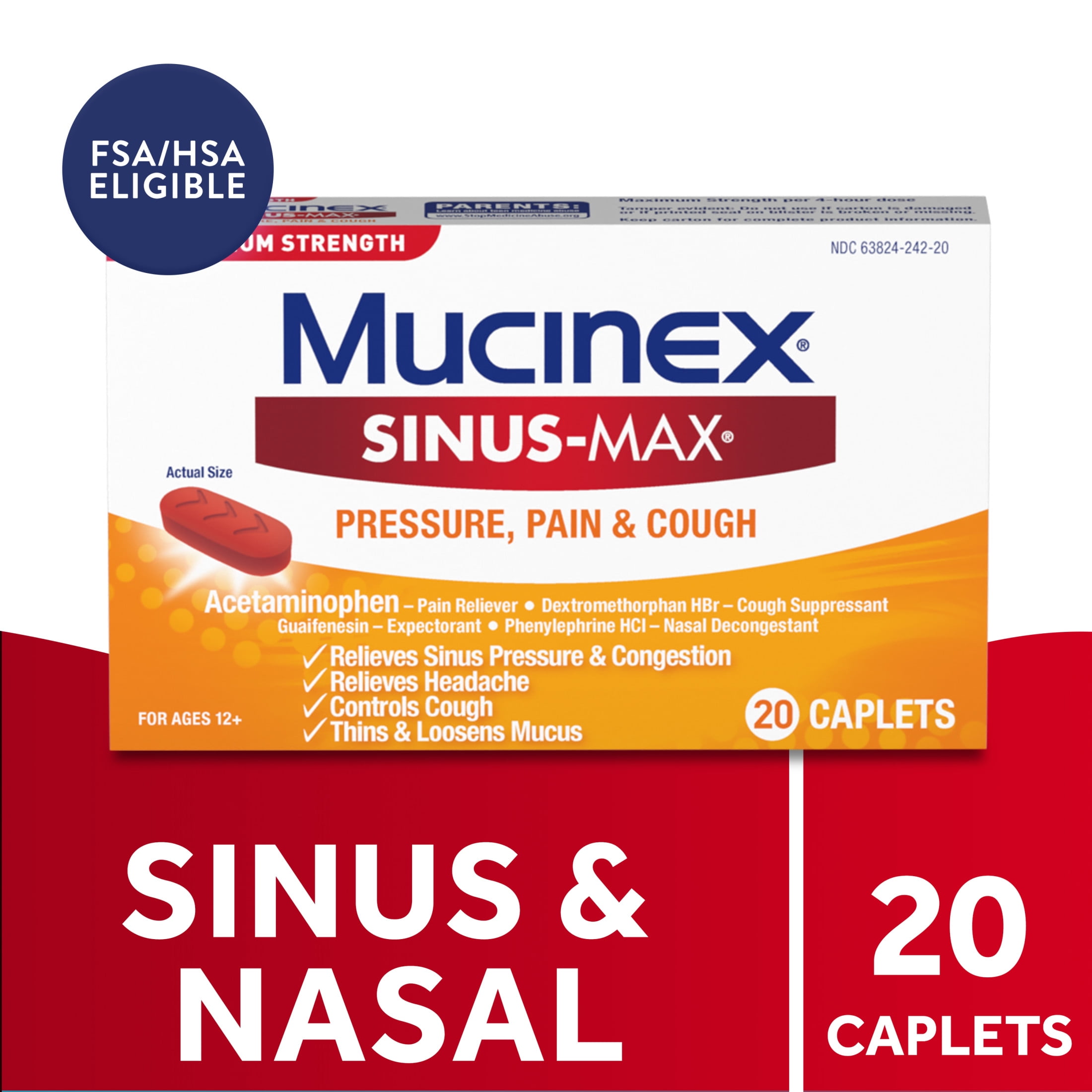 Mucinex Sinus-Max Pressure, Pain & Cough Medicine, OTC Headache Relief, 20 Caplets