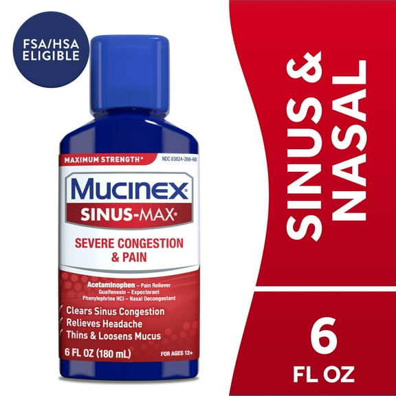 Mucinex Sinus-Max Severe Congestion & Pain Medicine, OTC Headache Relief, Nasal Decongestant, 6 fl oz