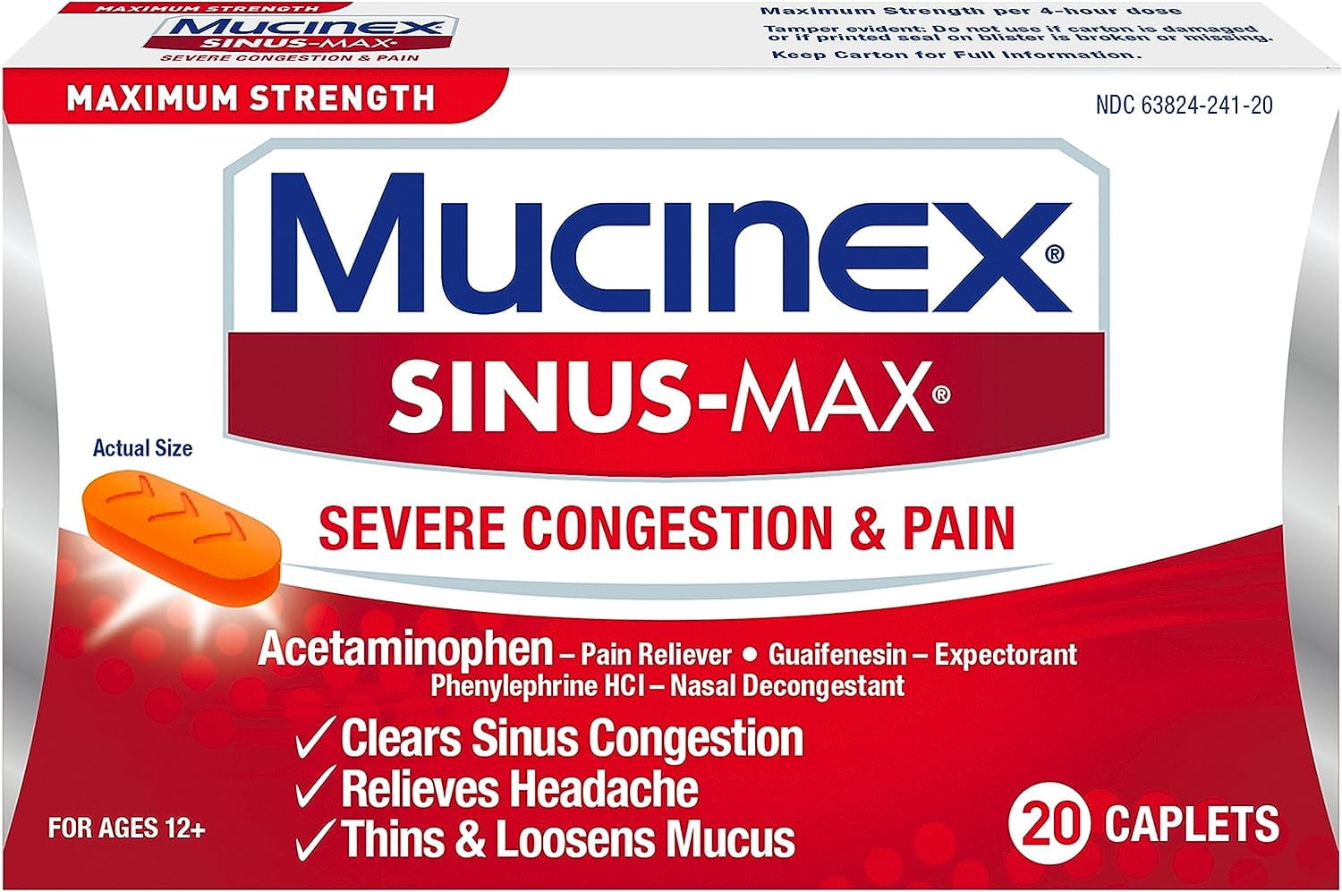 Mucinex Sinus Max Severe Congestion & Pain Relief, Maximum Strength ...