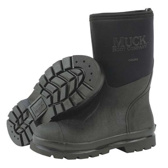 Men's Muck Chore Mid Rubber Boot, Plain Toe, 12" Height, Black, 6