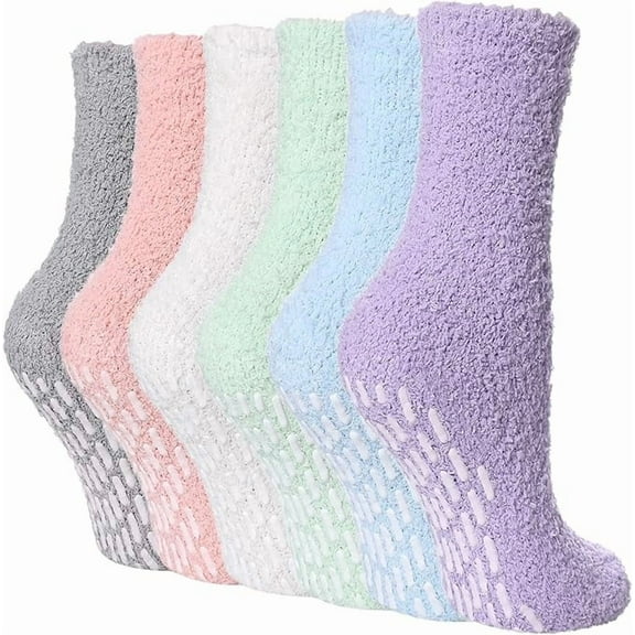 Mucky Cat Fuzzy Fluffy Soft Fleece Socks for Womens, 6 Pairs Non Slip with Grips - Anti Skid Warm Winter Cozy Hospital Slipper Socks