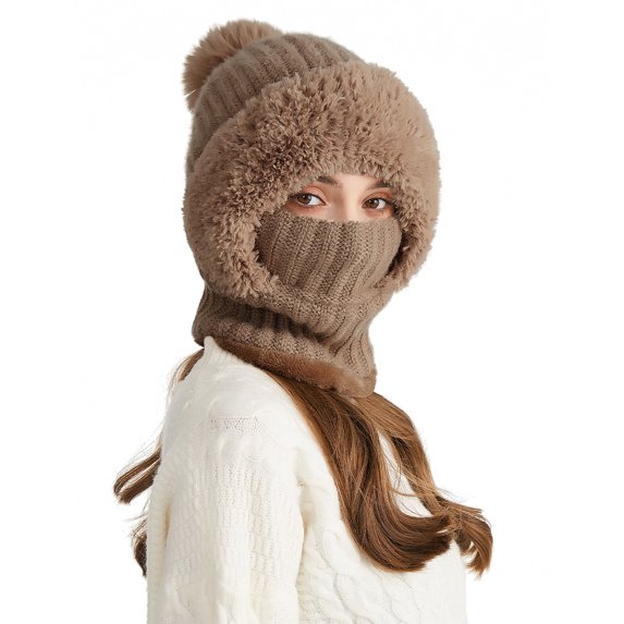 Mucky Cat Winter 3-in-1 Women's Balaclava Hat - Fleece Lined Beanie with Scarf & Neck Warmer, Cold Resistant Thermal Knitted Ski Mask for Ladies Khaki