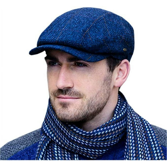 Mucros Weavers Irish Flat Hat 100% Wool Tweed Men's Blue Herringbone Kerry Cap Made in Ireland