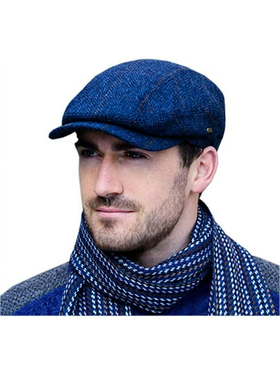 Irish Flat Hat 100% Wool Tweed Men's Blue Herringbone Kerry Cap Made in Ireland
