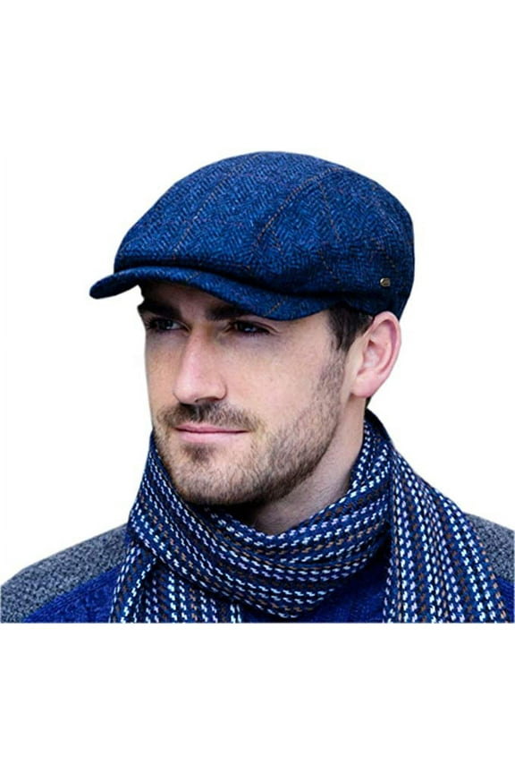 Irish Flat Hat 100% Wool Tweed Men's Blue Herringbone Kerry Cap Made in Ireland
