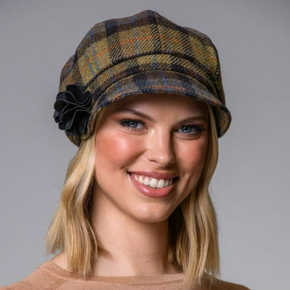 Mucros Weavers Ladies Irish Wool Newsboy Cap (Blue, Tan, Orange)