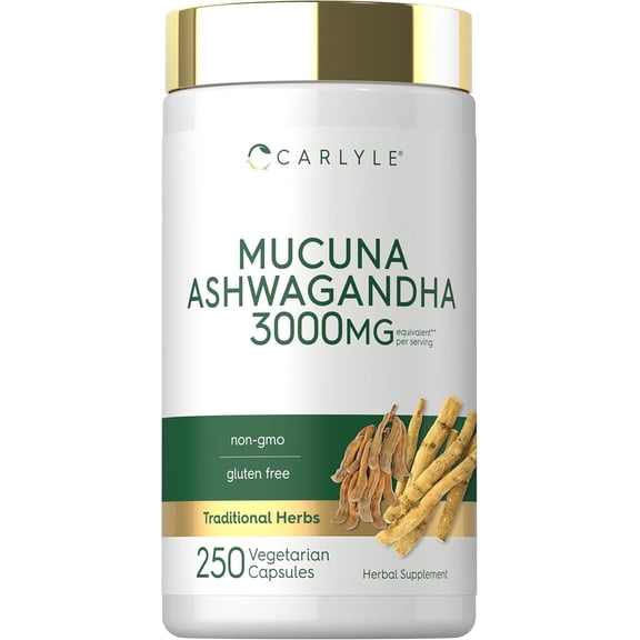Mucuna Pruriens with Ashwagandha Supplement | 3000mg | 250 Capsules | by Carlyle
