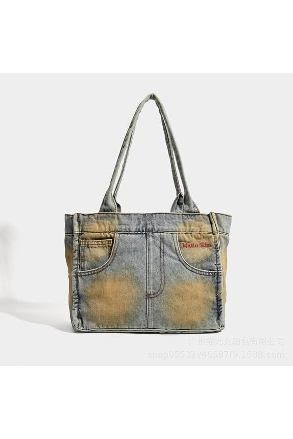Mud Dye Wash Denim Patchwork Large Capacity Tote Shoulder Crossbody Handheld Bag Retro Niche Design Women Bag Unique Style in Ginger Yellow for Daily Outfits