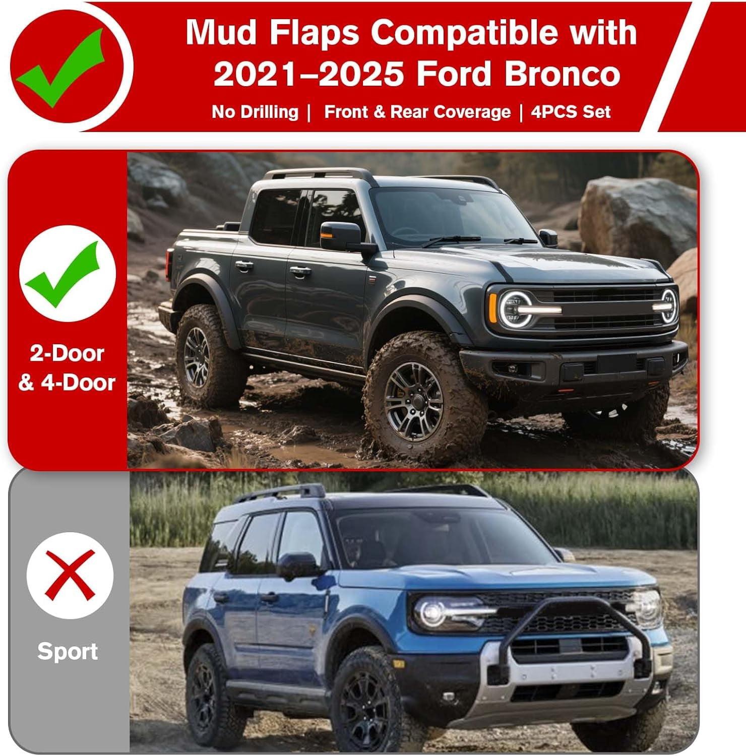 Mud Flaps for Ford Bronco 2021-2025 No Drill Splash Guards Heavy Duty Black Off-Road Accessories