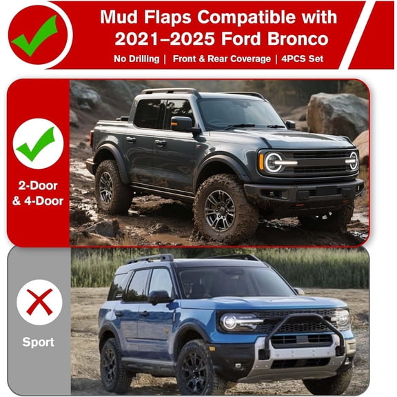 Mud Flaps for Ford Bronco 2021-2025 No Drill Splash Guards Heavy Duty Black Off-Road Accessories