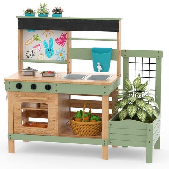 Mud Kitchen With Planter Box and Trellis, Working Faucet, Stove Burners, Rotary Knobs