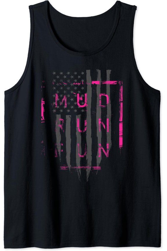 Mud Run Fun Usa Flag Pink Mudder Trail Running And Mudding Tank Top Size S-3XL
