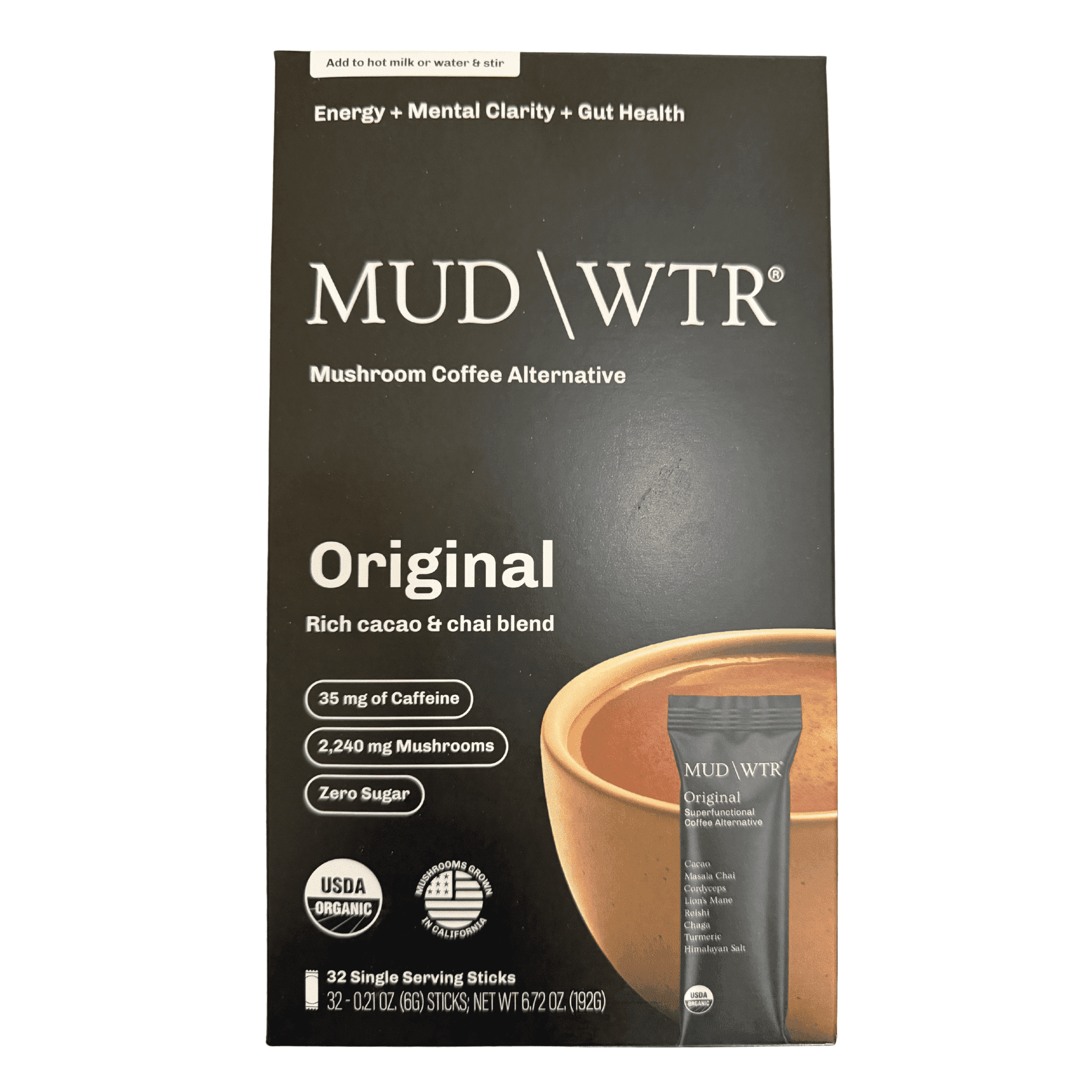 Mud Water Mushroom Coffee Alternative, Original, Rich Cacao & Chai Blend, 32 Sticks