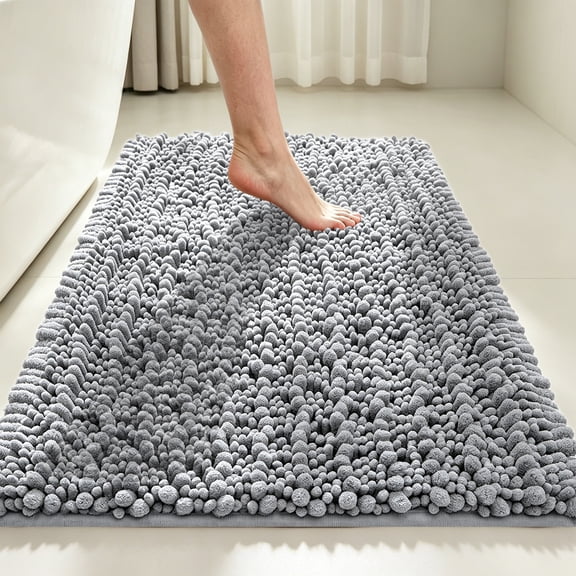 MudFree Bath Mat for Tub Non Slip 31x20 Inch, Super Absorbent Chenille Bathroom Rugs Door Mat, Quick Dry Washable Floor Carpet for Tub Shower, Light Gray