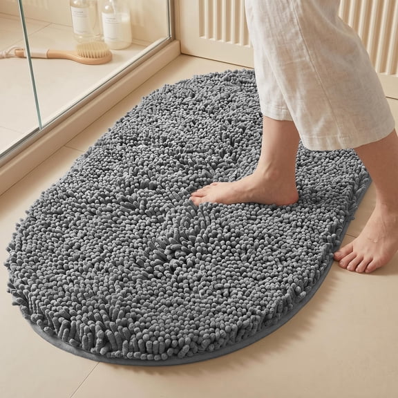 MudFree Bath Mat for Tub Non Slip, Super Absorbent Chenille Bathroom Rugs Oval Door Mat, Quick Dry Machine Washable Floor Mat for Kitchen,Dark Gray 31"X20"