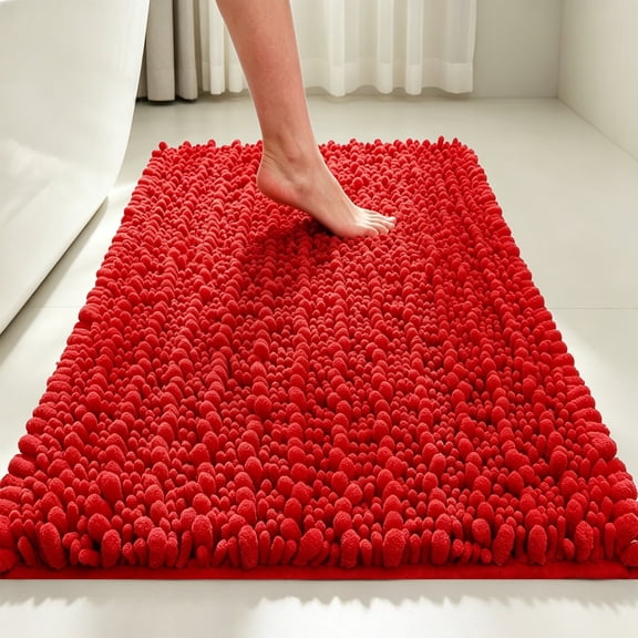 MudFree Bath Mat for Tub Non Slip 24x16 Inch, Super Absorbent Chenille Bathroom Rugs Door Mat, Quick Dry Washable Floor Carpet for Tub Shower, Red