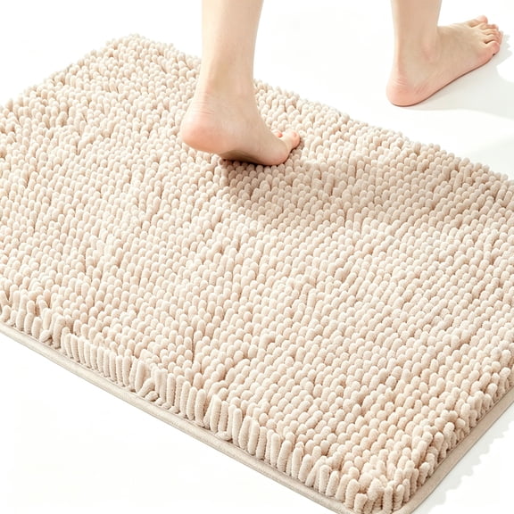 MudFree Bathroom Rugs 24x16 inch, Super Absorbent Chenille Bath Mat for Tub Non Slip, Quick Dry Washable Door Mat for Floor, Tub and Shower, Beige