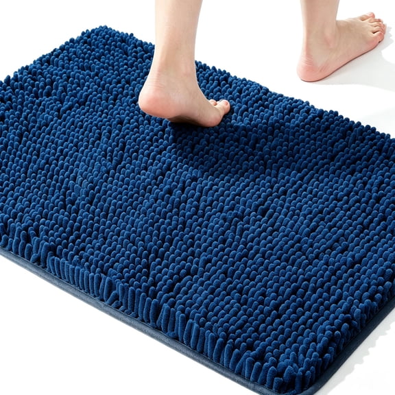MudFree Bathroom Rugs 31x20 inch, Super Absorbent Chenille Bath Mat for Tub Non Slip, Quick Dry Washable Door Mat for Floor, Tub and Shower, Deep Blue