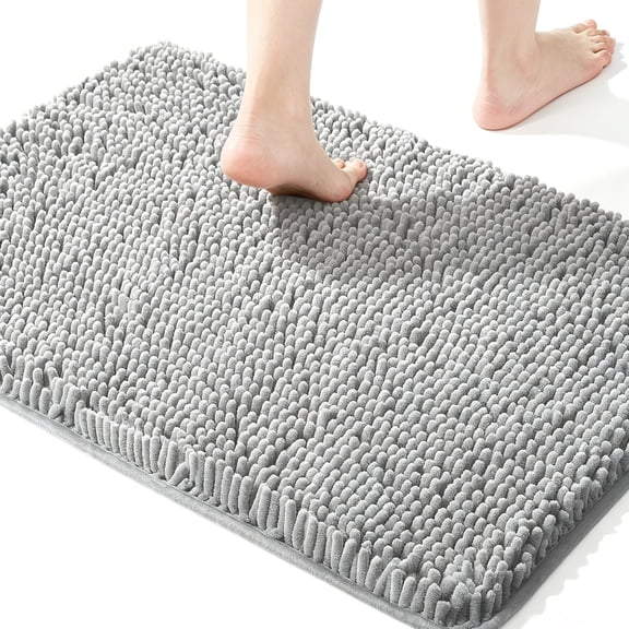 MudFree Bathroom Rugs 31x20 inch, Super Absorbent Chenille Bath Mat for Tub Non Slip, Quick Dry Washable Door Mat for Floor, Tub and Shower, Light Gray